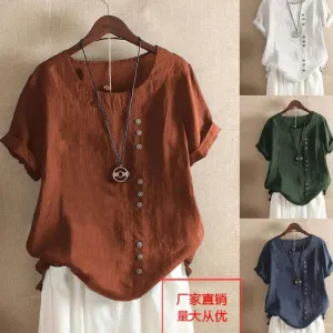 XIEYINSHE  In Stock Direct Selling Foreign Trade  Wish  Retro Cotton and Linen Short Sleeve Casual Loose-Fitting T-shirt Women's Spot Goods