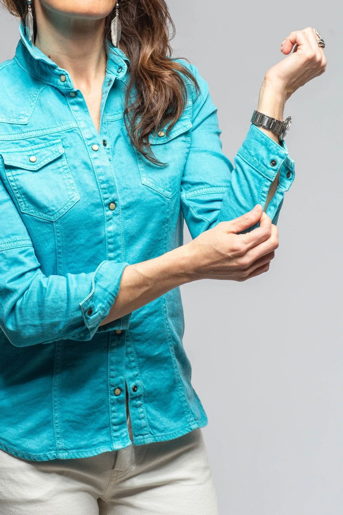 Yarmony Linen Cotton Denim Shirt In Turquoise