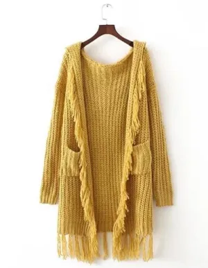Yellow knitted boho sweater long cardigans 2017 chic winter long sleeve tassel decoration hooded loose Hippie women sweater coat