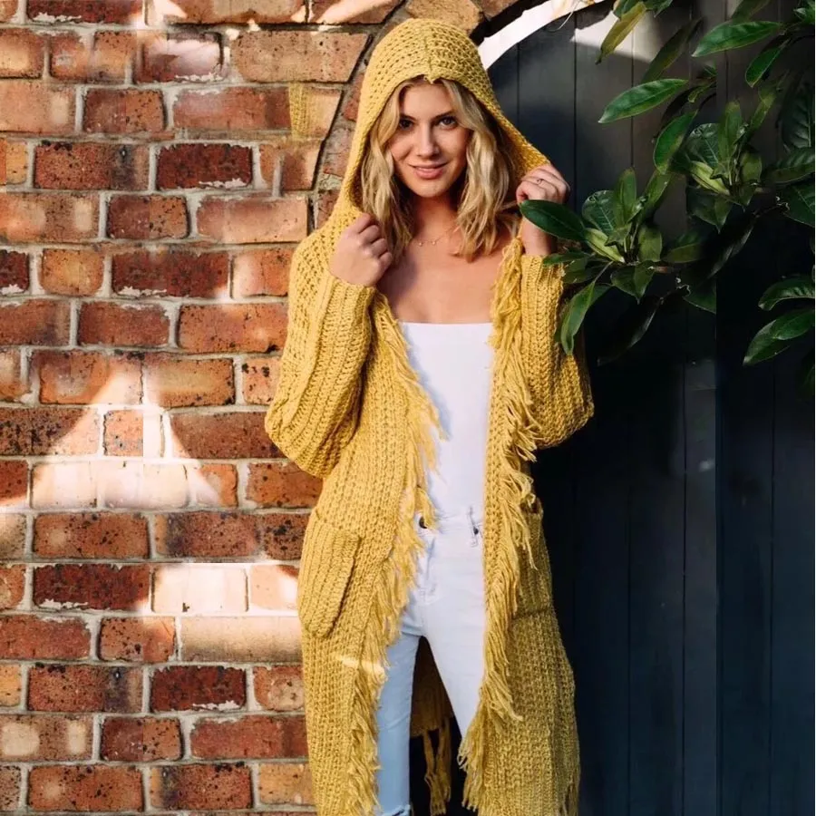 Yellow knitted boho sweater long cardigans 2017 chic winter long sleeve tassel decoration hooded loose Hippie women sweater coat