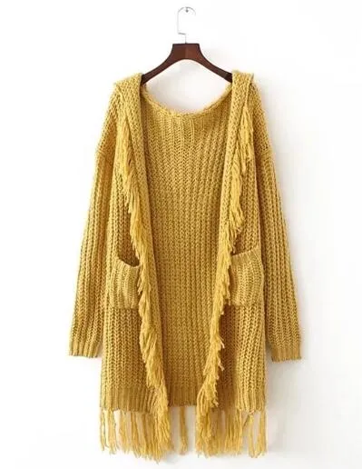 Yellow knitted boho sweater long cardigans 2017 chic winter long sleeve tassel decoration hooded loose Hippie women sweater coat