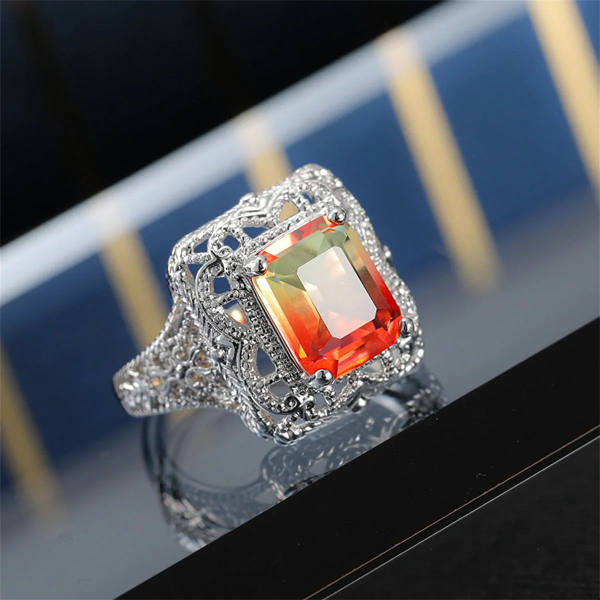 Yellow Red Crystal & Silver-Plated Radiant-Cut Ring