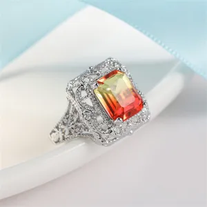 Yellow Red Crystal & Silver-Plated Radiant-Cut Ring