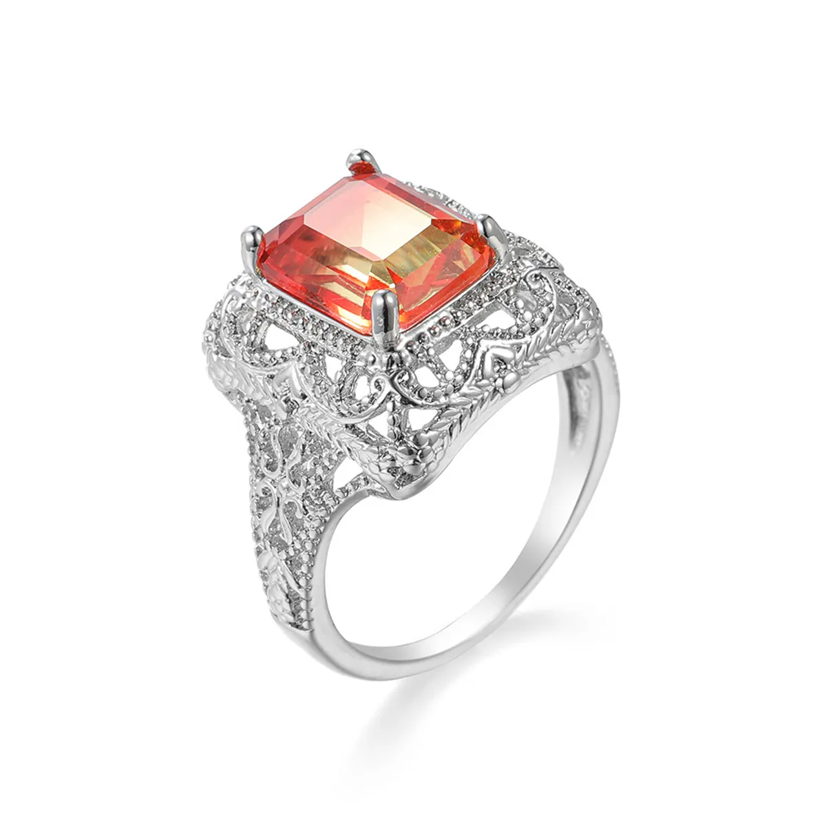 Yellow Red Crystal & Silver-Plated Radiant-Cut Ring