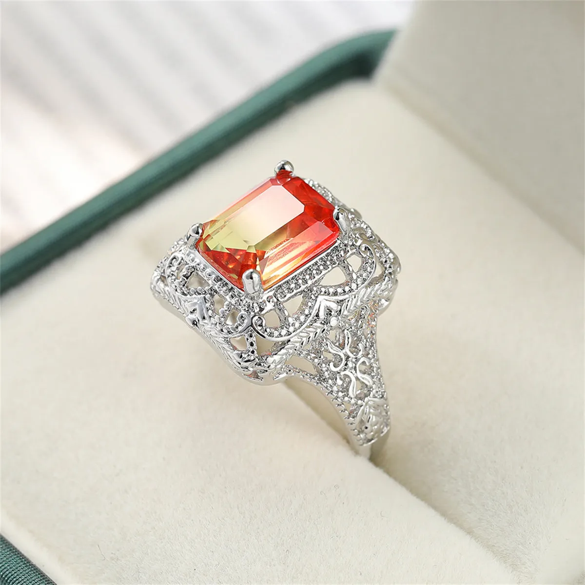 Yellow Red Crystal & Silver-Plated Radiant-Cut Ring