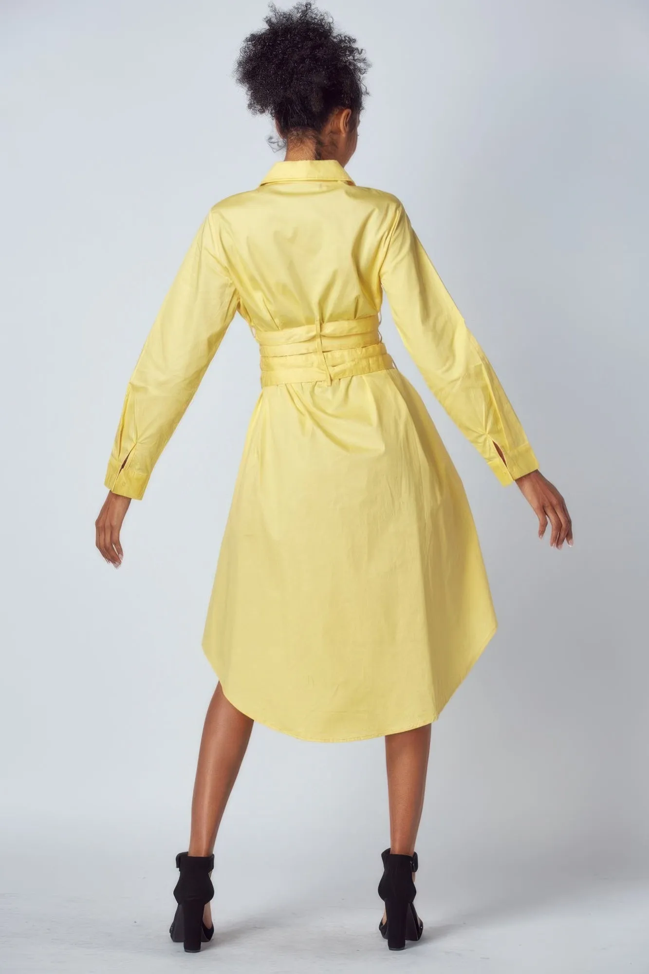 Yellow Shirt Dress with Tie Up Belt Detail