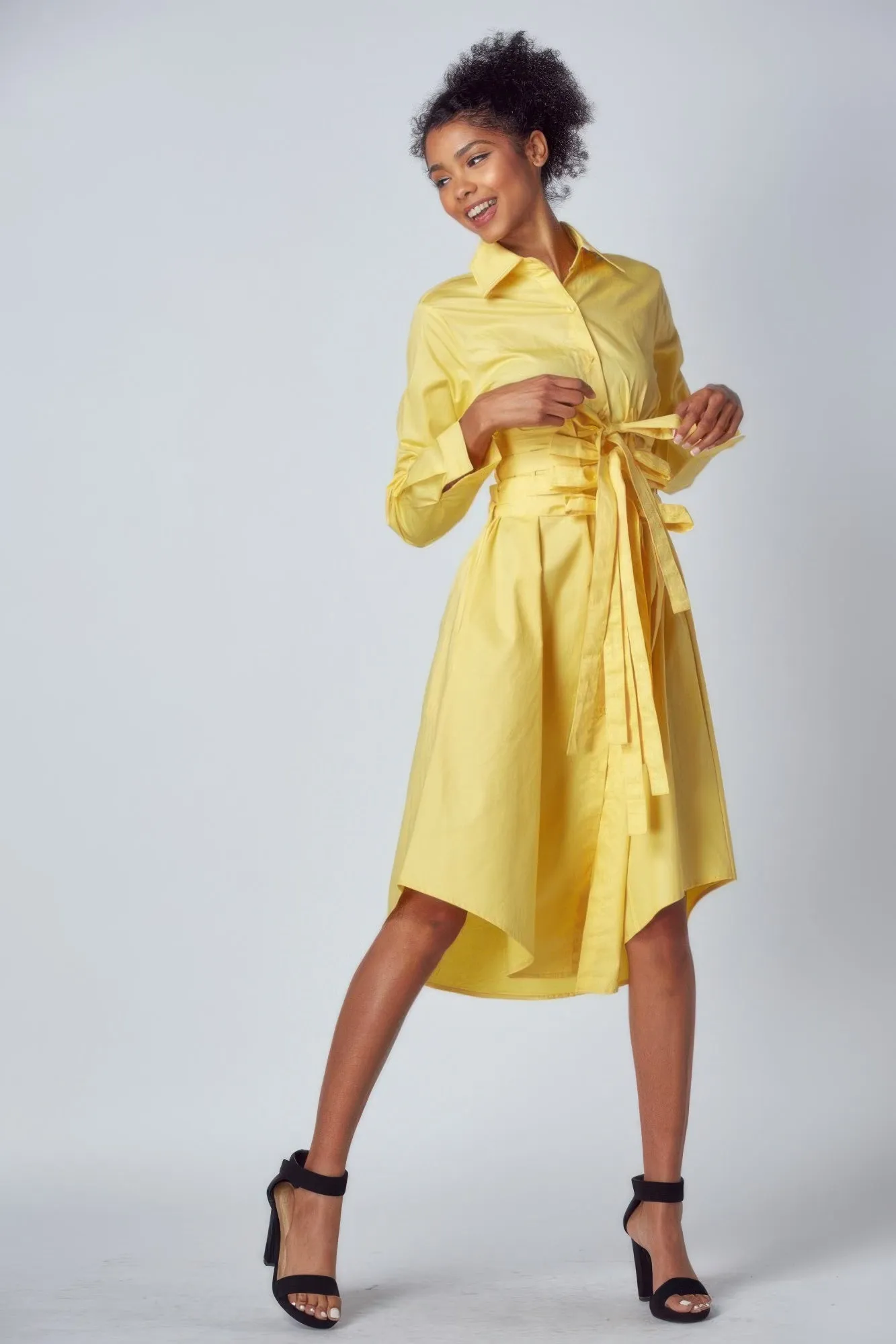 Yellow Shirt Dress with Tie Up Belt Detail