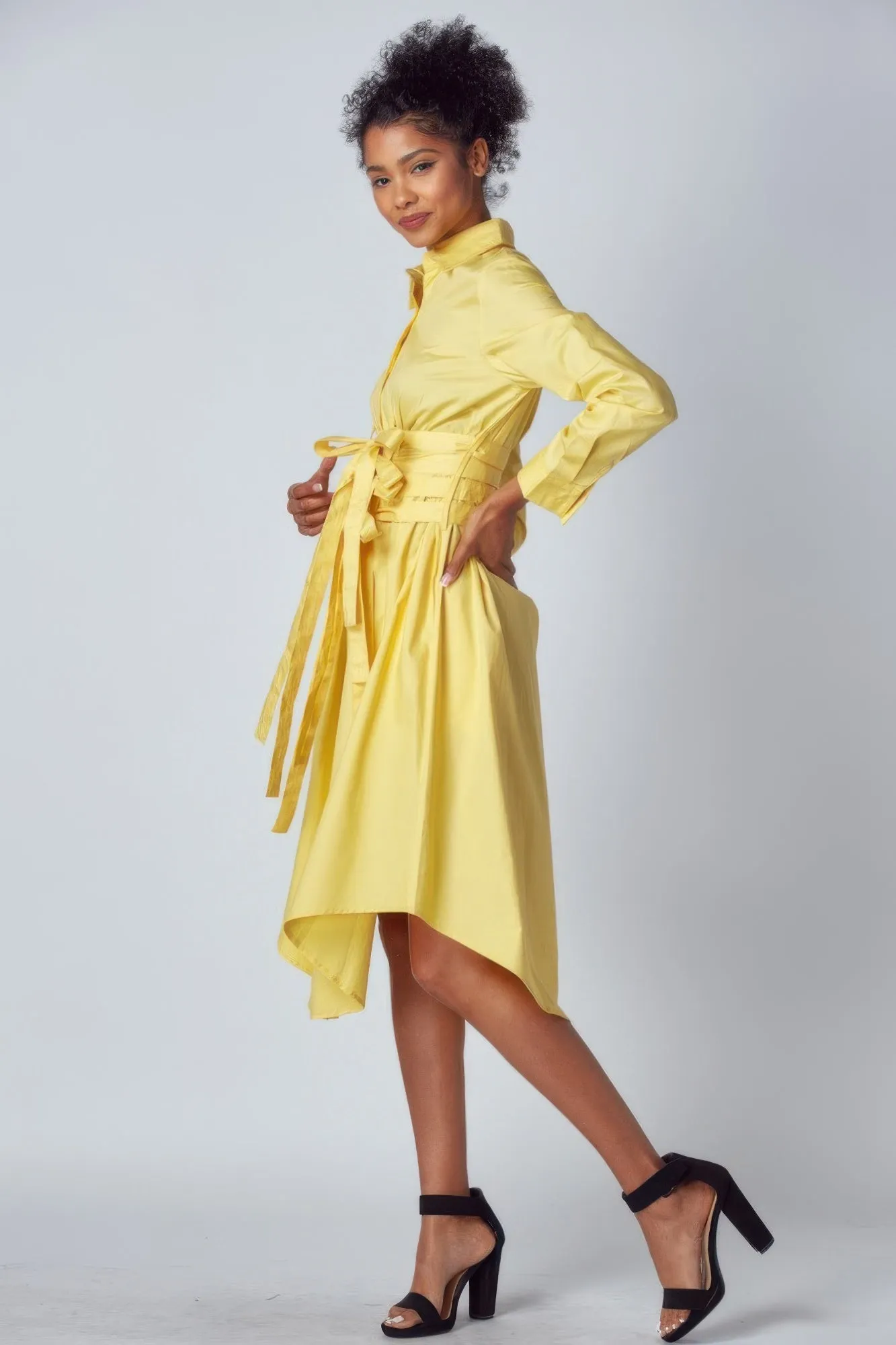 Yellow Shirt Dress with Tie Up Belt Detail